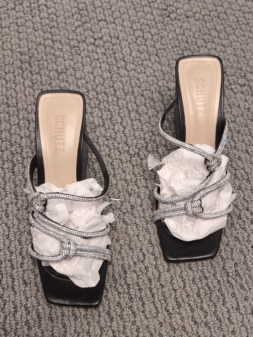 SCHUTZ Black Heeled Mules with Silver Crystal Straps
